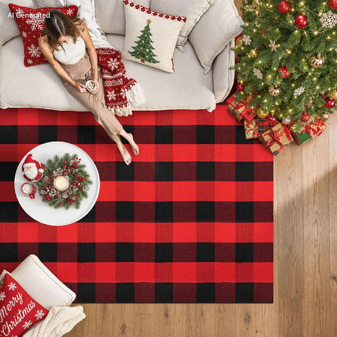 IOHOUZE Christmas Buffalo Plaid Outdoor Rug 4x6, Washable, Red Black