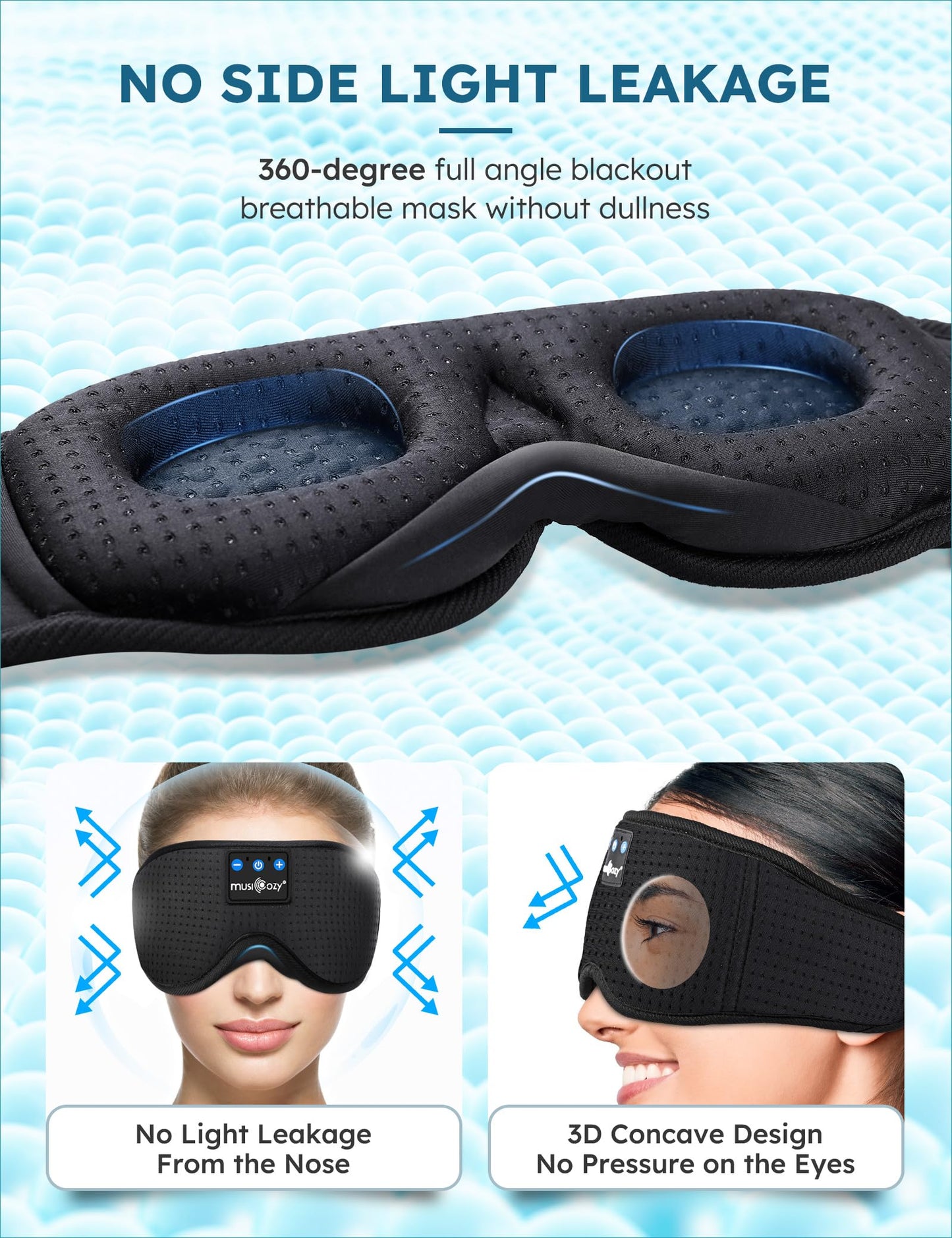 MUSICOZY Sleep Headphones Wireless Mask 3D Sleeping Eye Mask, Music Headband Headphones Sleep Earbuds Earphones for Side Sleeper Sleep Silk Eye Mask Cool Gadget Holiday for Mom Women(Black+Black)