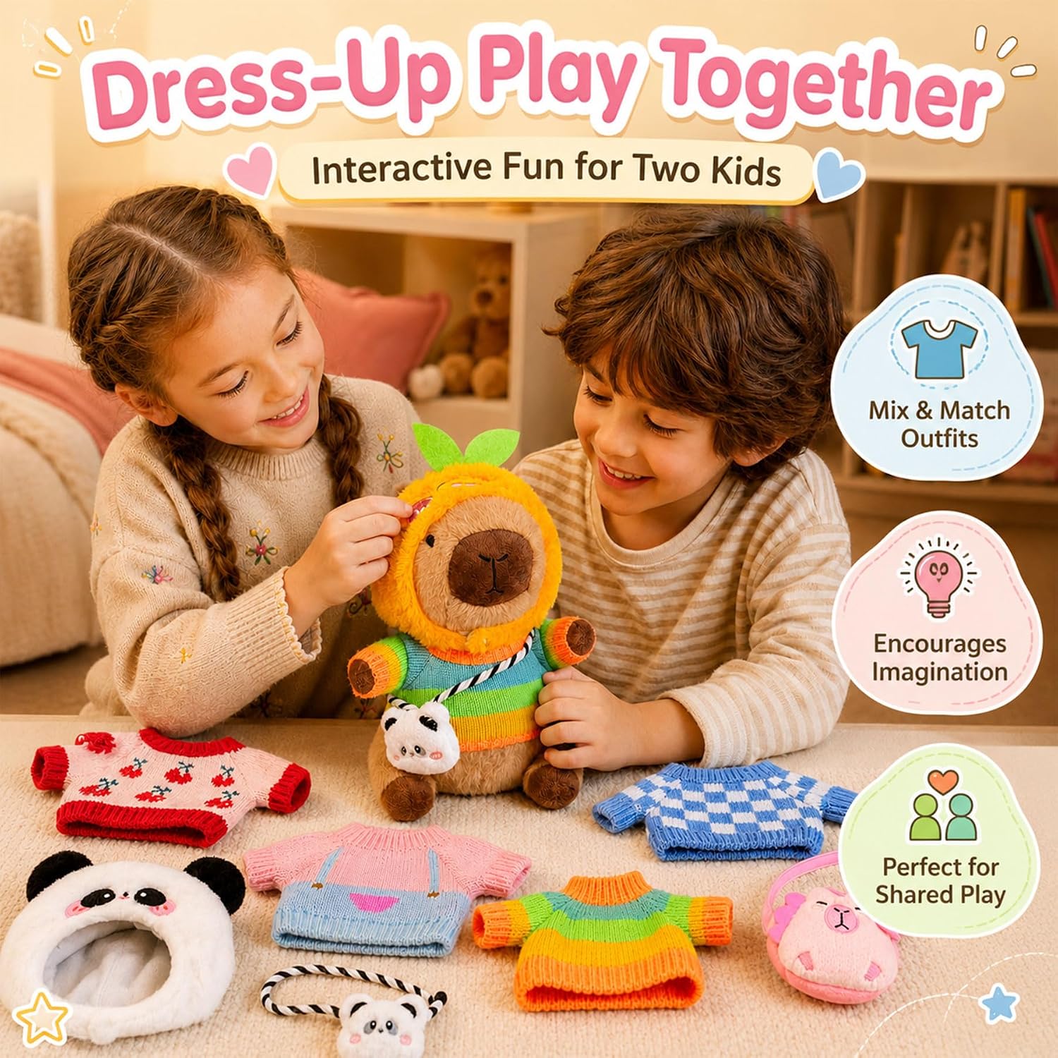Capybara Plush with 9 Dress Up Clothes & Accessories