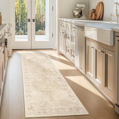 Farmhouse Beige 2x6 Runner Rugs for Hallway Entryway, Kitchen Runners Washable Non Slip Low Pile, Vintage Distressed Medallion Printed Rugs for Mudroom/Bedroom Bedside/Laundry Room/Bathroom