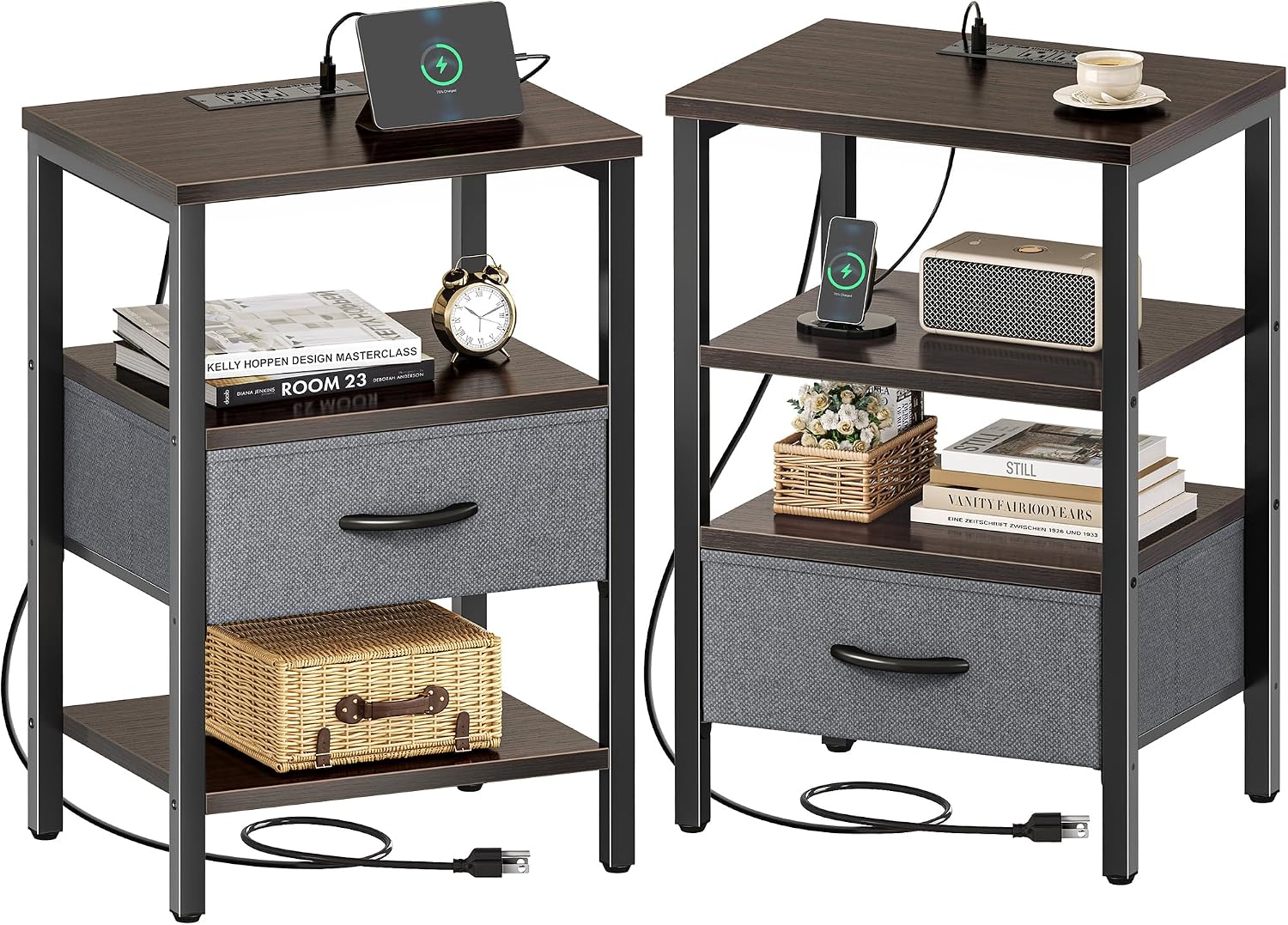 SUPERJARE Nightstand Set of 2 with Charging Station, USB-C Port, End Tables
