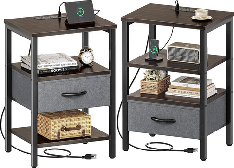 SUPERJARE Nightstand Set of 2 with Charging Station, USB-C Port, End Tables