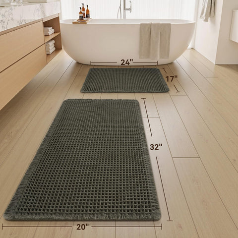 Upgraded Waffle Bath Mat Set of 2 Absorbent Bathroom Mat 17"x24" + 20"x32"