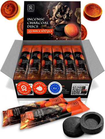 Incense Charcoal Discs – 100 pcs Quick Light Charcoal Tablets for Incense Burning – 33mm Self Lighting Coal Discs to Burn Resin, Frankincense, Copal, Bakhoor – M. ROSENFELD