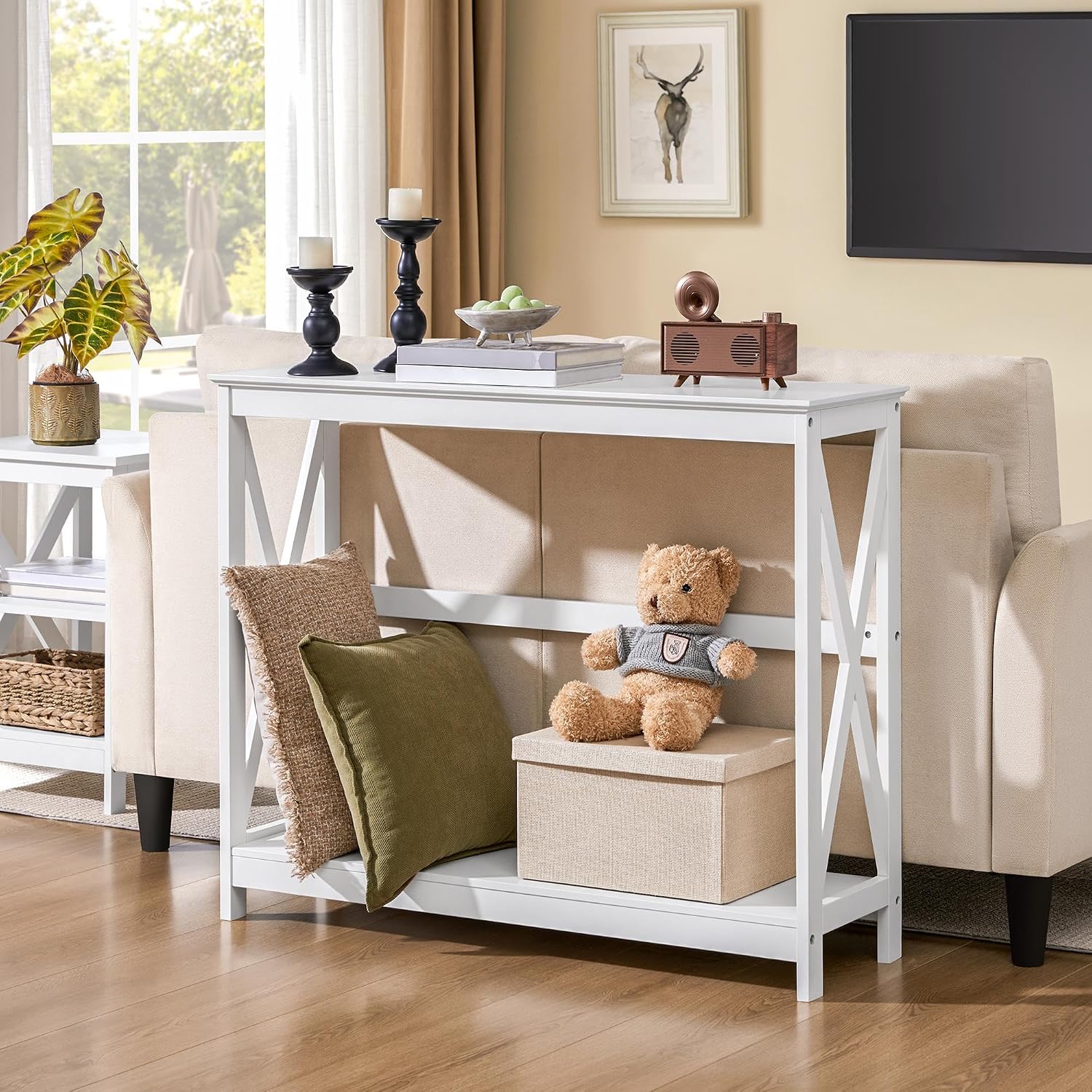 Yaheetech Narrow White Entryway Console Table, 2-Tier X-Frame Storage Shelf