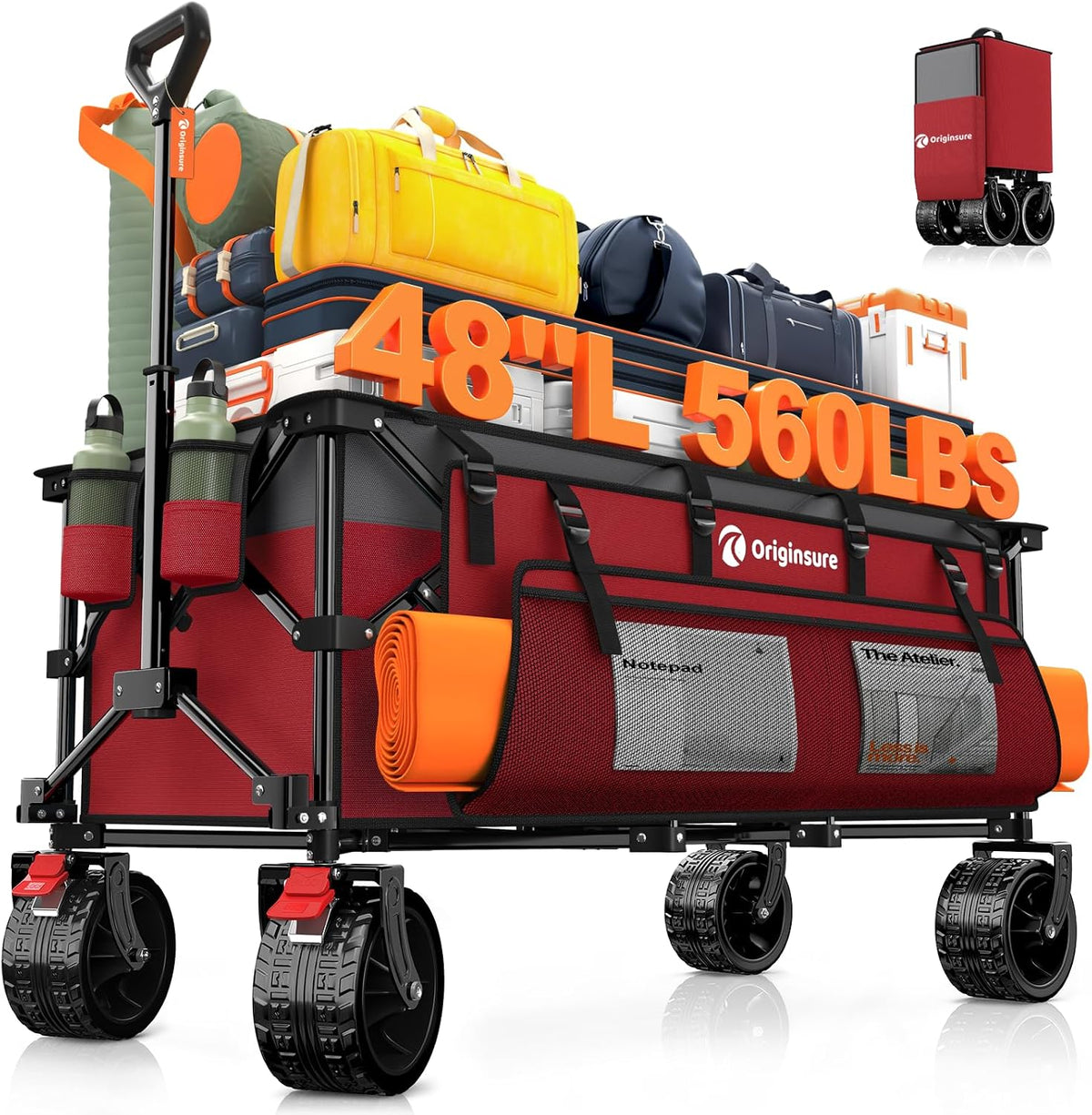 Originsure 300L Foldable Beach Wagon Cart with Big Wheels, 560lbs, Grey&Red