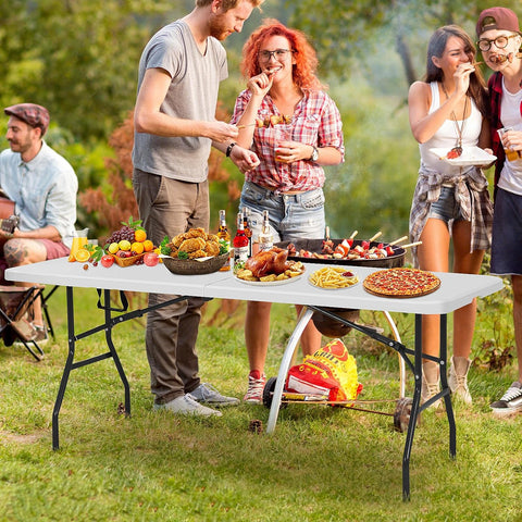 6FT Folding Table, Heavy Duty Plastic Table Portable Fold-in-Half Utility Table Indoor Outdoor Picnic Table w/Handle & Lock for Camping BBQ Party Wedding Market Events, 500LBS