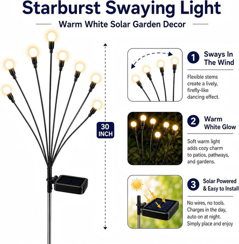 TONULAX Solar Garden Lights - 6 Pack 48 LED Upgraded Solar Swaying Light, Sway by Wind, Outdoor Lights, Yard Patio Pathway Decoration, High Flexibility Iron Wire & Heavy Bulb Base, Warm White