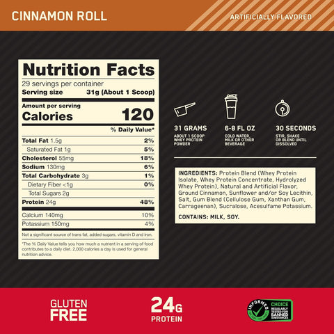 Optimum Nutrition Gold Standard Whey Protein Powder, Cinnamon Roll, 2LB