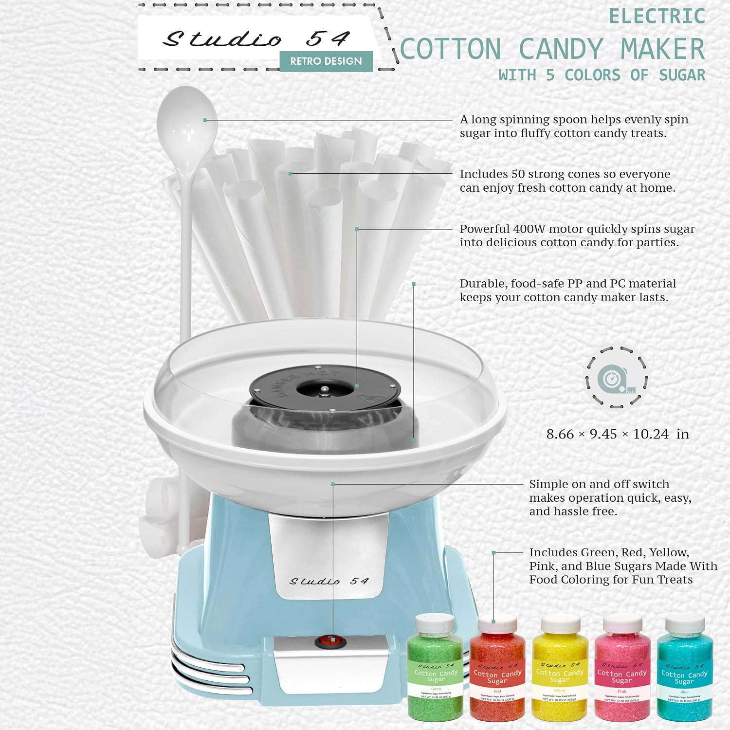 Retro Cotton Candy Machine with 5 Jars (11oz Each) Floss Sugar, 50 Paper Cones, Easy Cleanup Cotton Candy Maker, Durable Retro Design, Makes 20–30 Servings per Jar, BPA & Lead Free