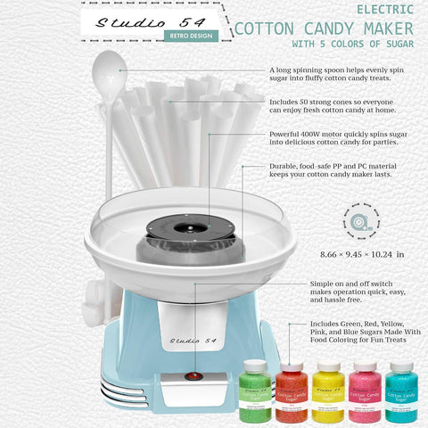 Retro Cotton Candy Machine with 5 Jars (11oz Each) Floss Sugar, 50 Paper Cones, Easy Cleanup Cotton Candy Maker, Durable Retro Design, Makes 20–30 Servings per Jar, BPA & Lead Free