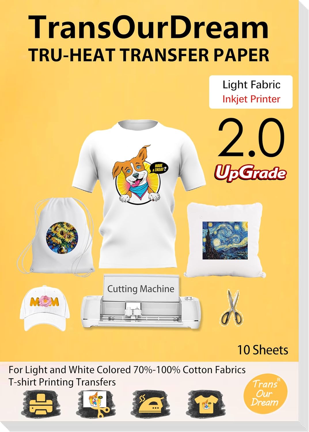 TransOurDream Heat Transfer Paper for Light Shirts(10 Sheets, 8.5x11),Printable HTV Heat Transfer Vinyl for Inkjet Printers