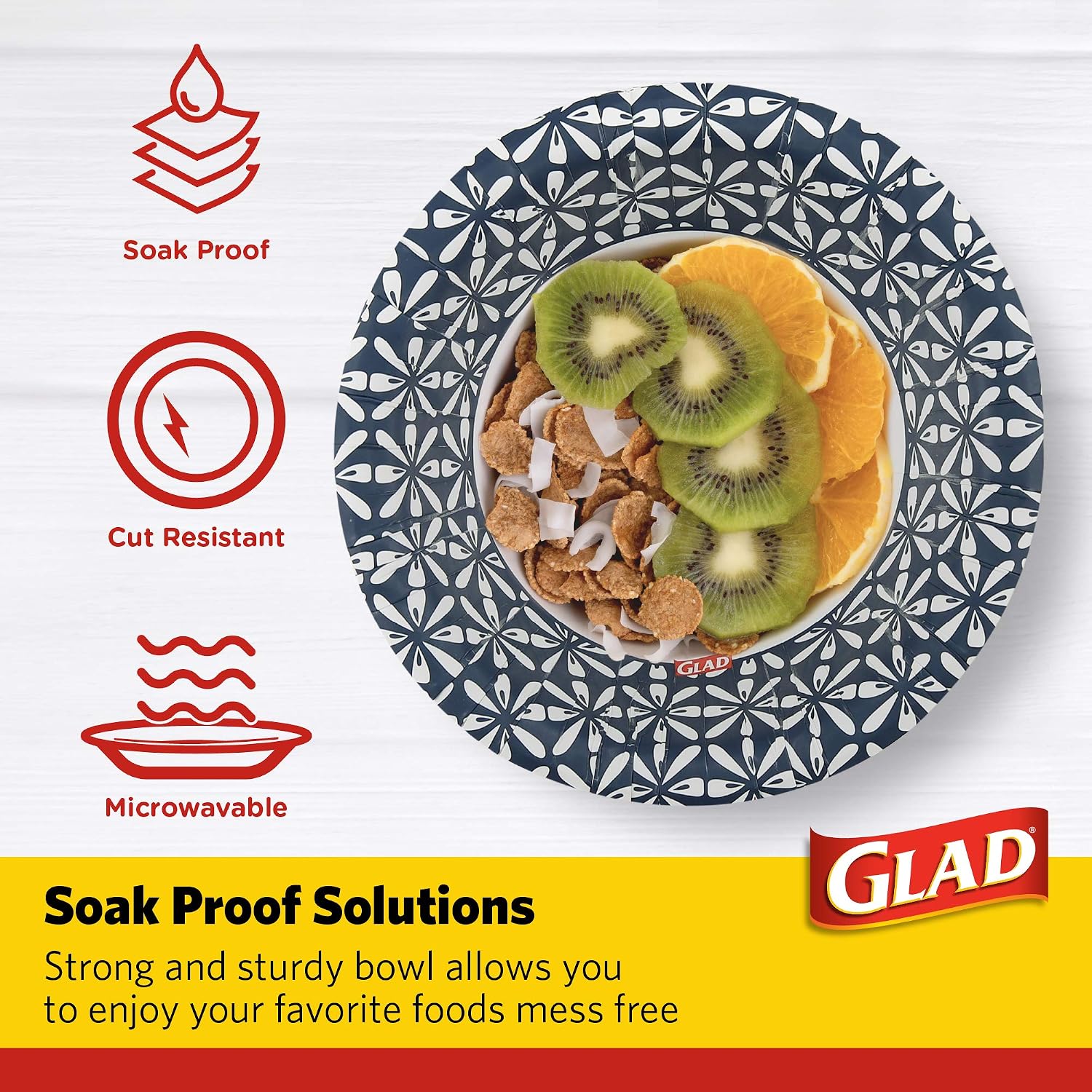 Glad Round Disposable Paper Bowls, Blue Mosaic, 16 Oz, 50 Count, 6-Pack