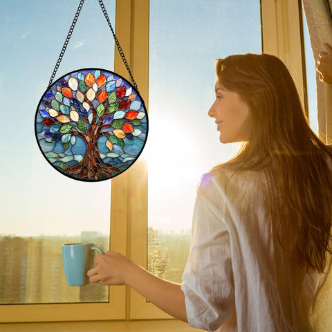Colorful Tree of Life Stained Glass Window Hanging Suncatcher Gifts 6.3"
