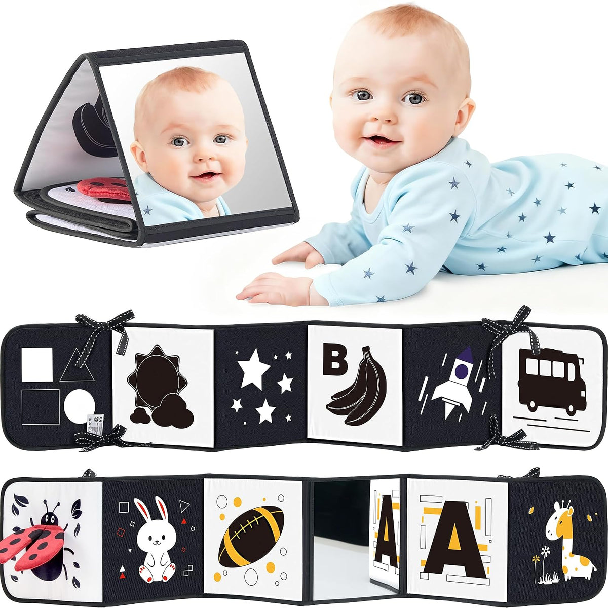 Infinno High Contrast Baby Book, Black and White, Tummy Time Mirror Toy