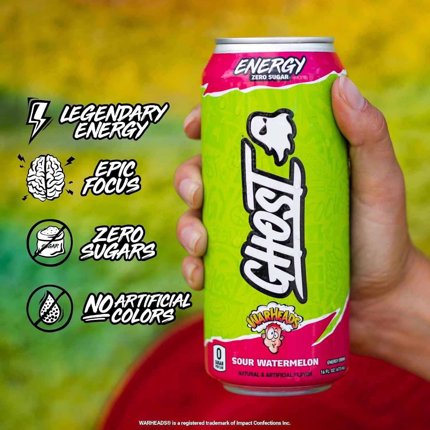 GHOST Energy Drink, Zero Sugars, 12-Pack, Warheads Sour Watermelon, 16oz