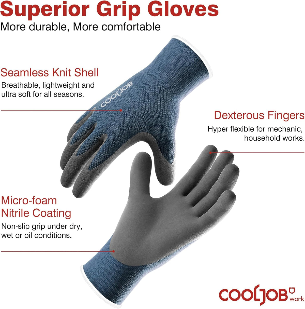 COOLJOB 2 Pairs Gardening Gloves for Men, Breathable Rubber Coated, Medium