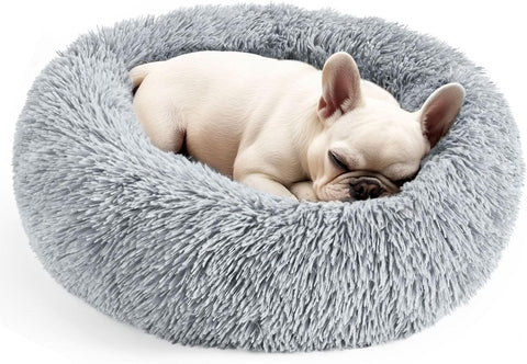 Dogs Bed for Small Dogs, Anti-Anxiety Washable Round Bed (24in Light Grey)