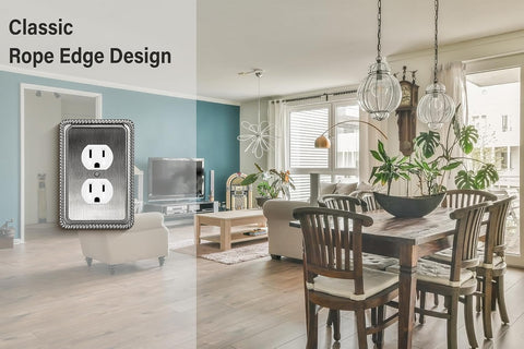 Henne Bery Rope Edge Decorative Wall Plate Switch Plate Outlet Cover (Single Duplex, 2 Pack, Heirloom Silver)