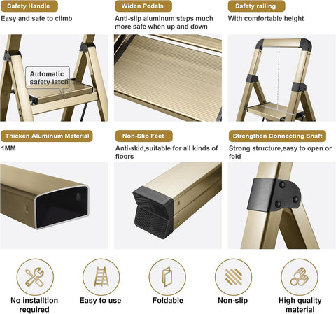 Step Ladder 3-Step Champagne Finish Aluminum Folding Ladders