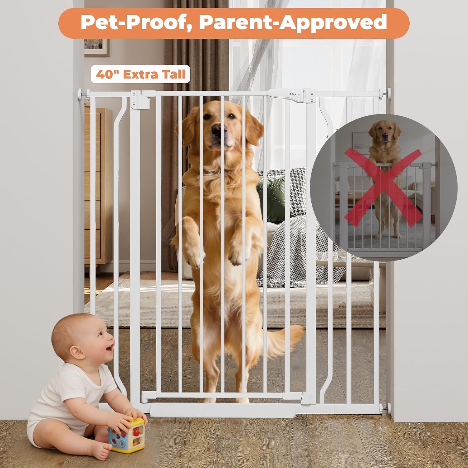 40" Extra Tall Baby Gate No Drilling, Auto Close Dog Gate, White