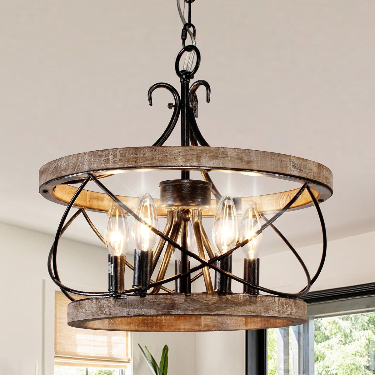Farmhouse Wood Chandelier Light Fixture, 16 Inch Dining Room Light Fixture