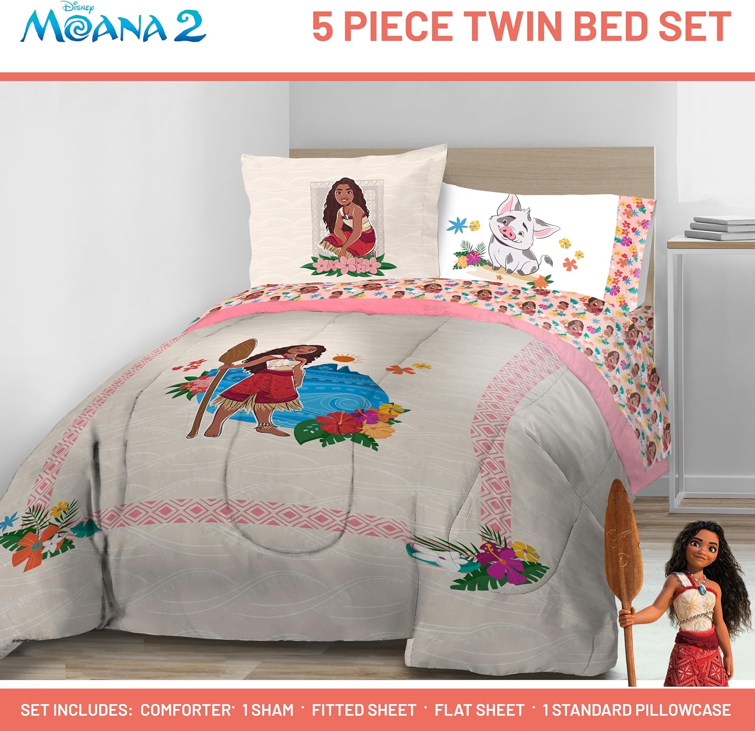 Disney Moana Twin Comforter Set 5 Piece Kids Bedding for Girls, Beige
