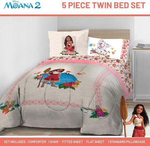 Disney Moana Twin Comforter Set 5 Piece Kids Bedding for Girls, Beige