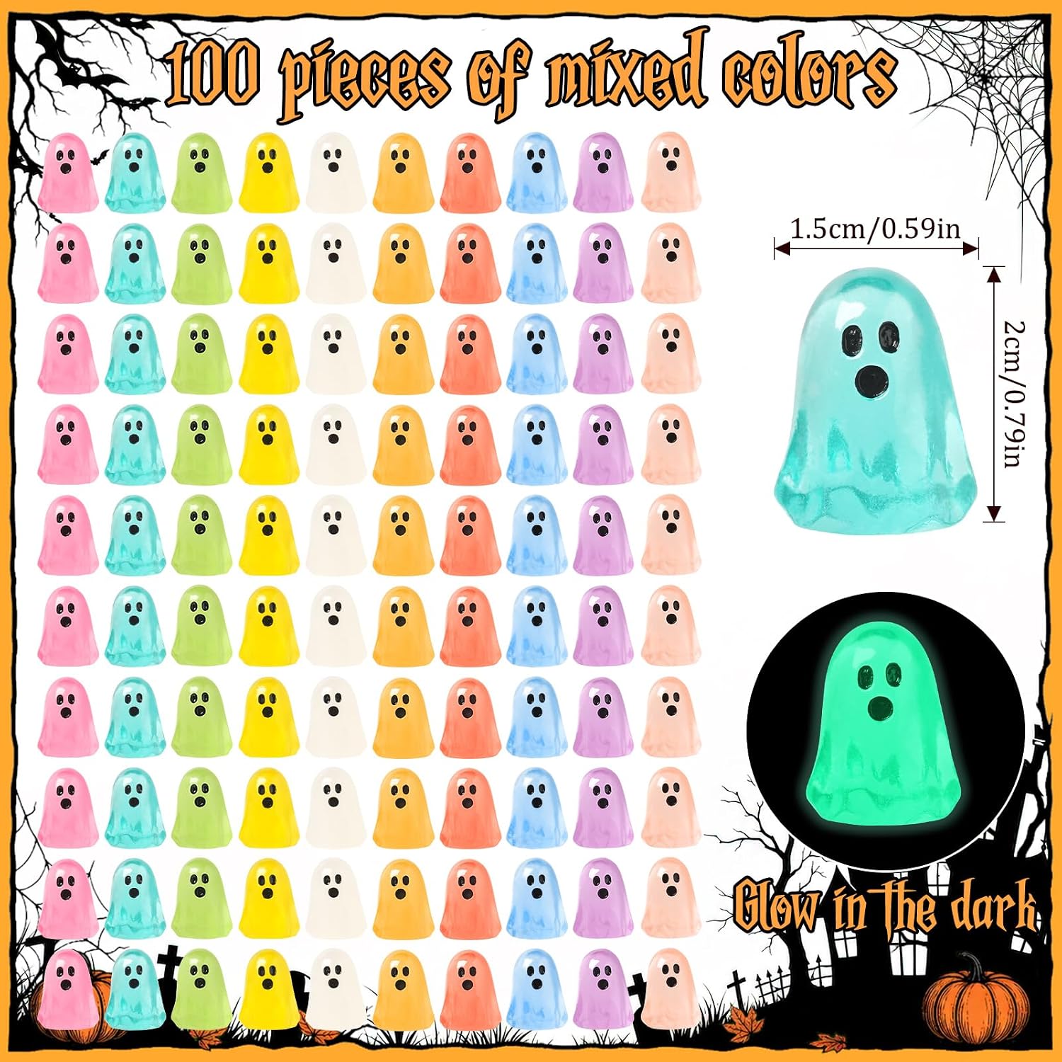 BuQiuRen 100Pcs Halloween Mini Ghosts Figures, Luminous Small Plastic Resin Ghost Figurines to Hide Glow in The Dark Tiny Statue for Halloween Party, Fairy Garden, Aquarium, Dollhouse Decor Crafts
