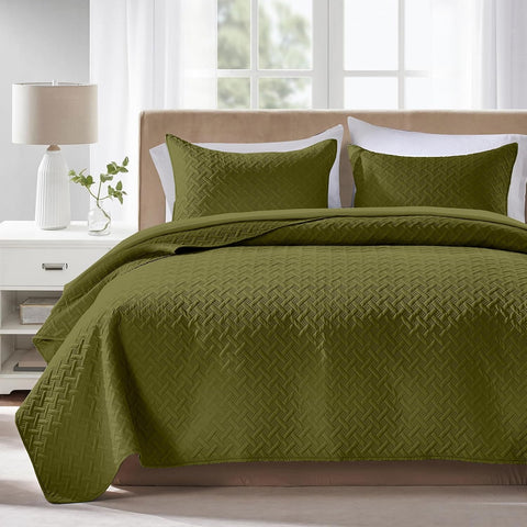 FLYMME Twin Quilt Set,Lightweight Olive Green Bedspreads,Basket Weave Pattern,Ultra Soft Microfiber Bedspread Bed Coverlet 2 Pieces for All-Seasons (1 Quilt,1 Shams)