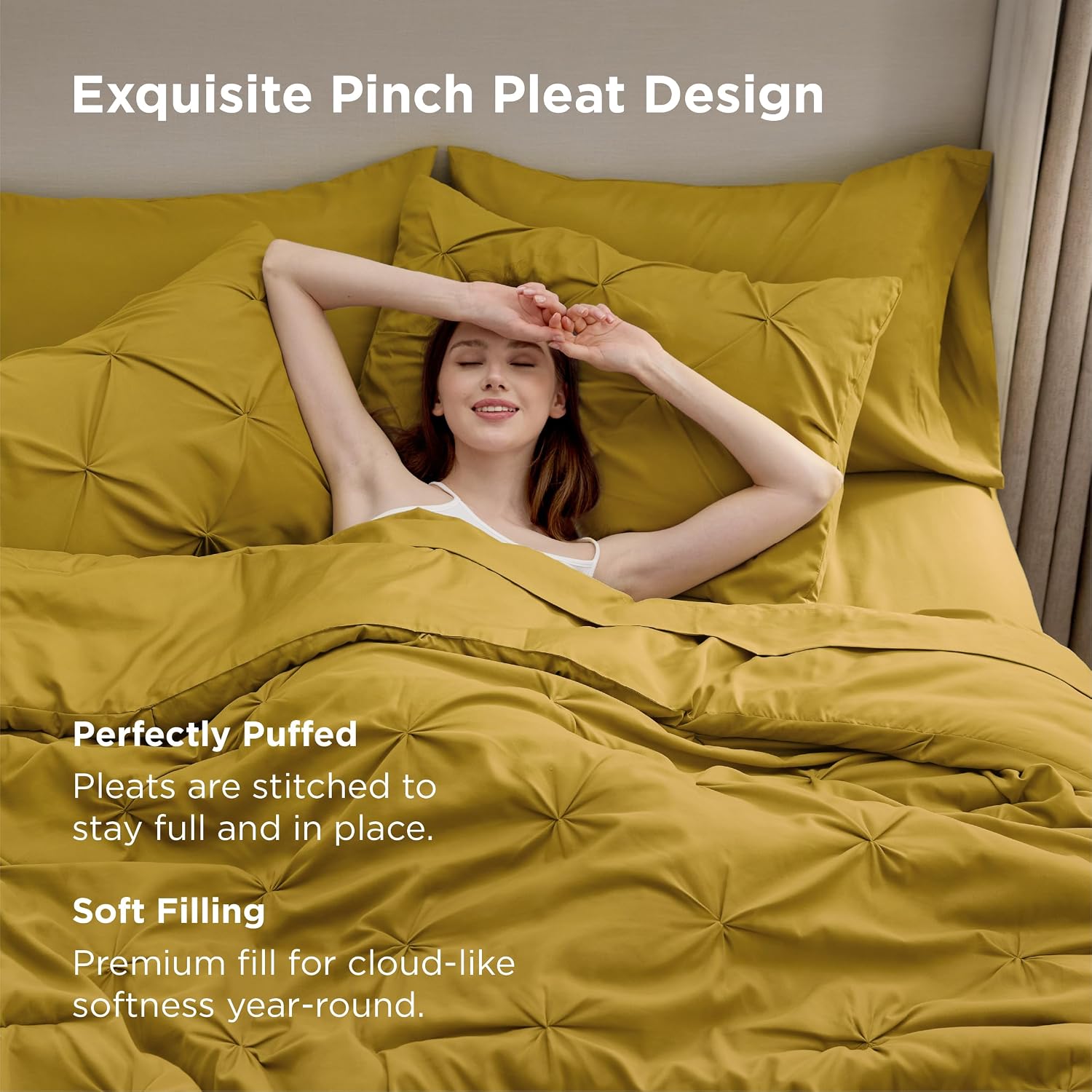 Bedsure 7pc Full Size Comforter Sets & Sheets, Mustard Yellow Full Bedding