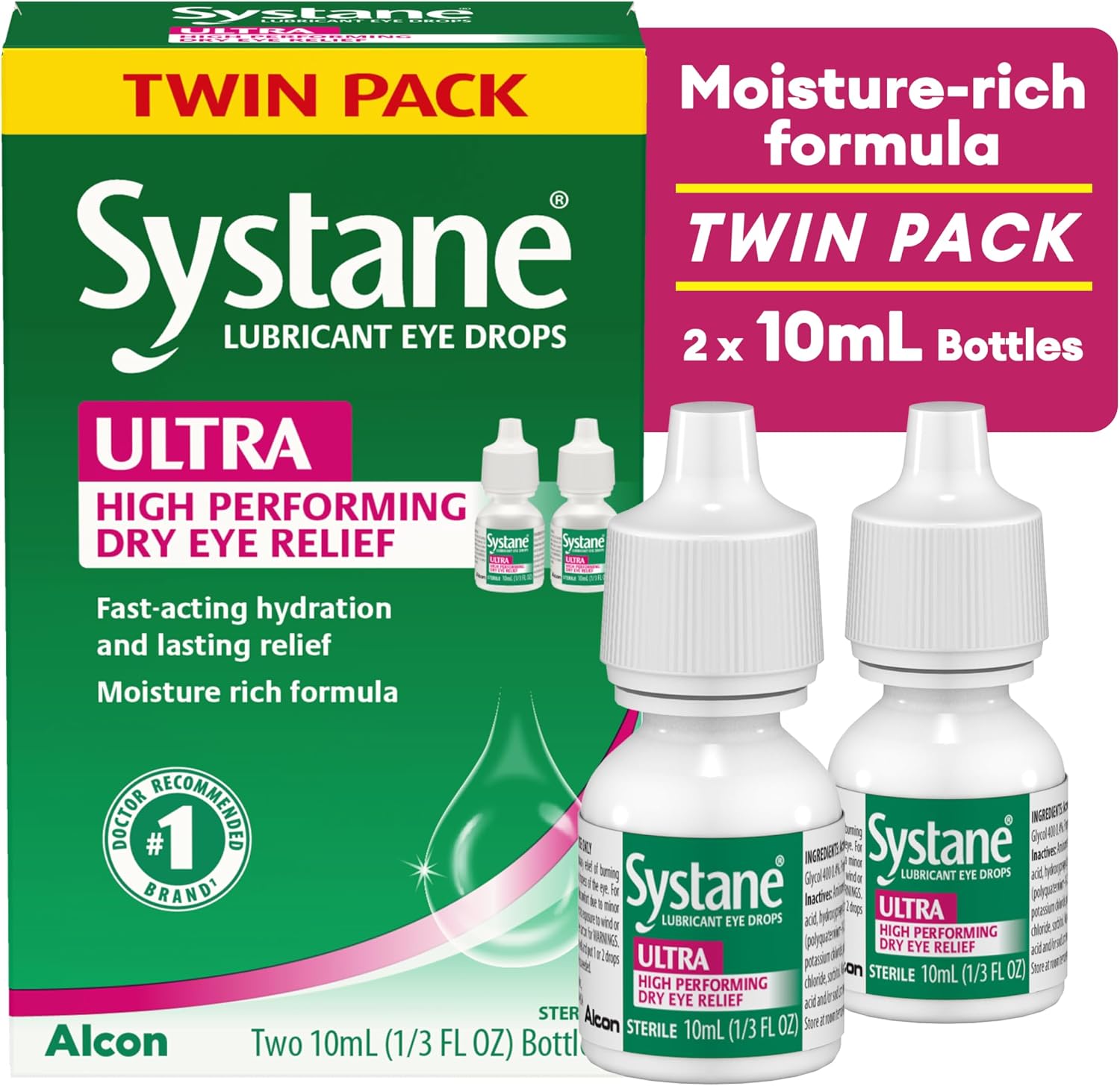 Systane UlTRA Lubricant Dry Eye Drops, 0.33 Fl Oz, 2 Pack