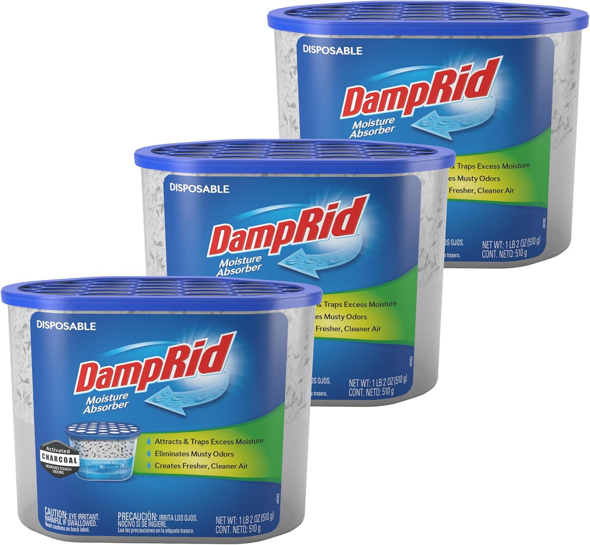 DampRid Fragrance Free Disposable Moisture Absorber & Odor Remover with Activated Charcoal, 18 oz., 3 Pack, Lasts Up To 60 Days, No Electricity Required