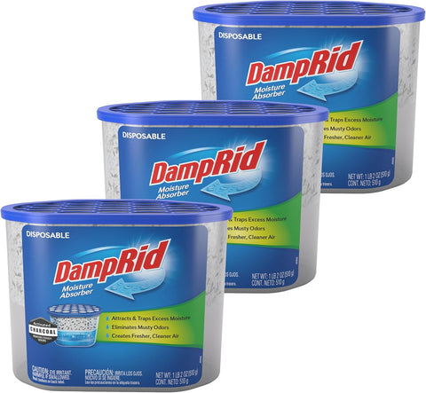 DampRid Fragrance Free Disposable Moisture Absorber & Odor Remover with Activated Charcoal, 18 oz., 3 Pack, Lasts Up To 60 Days, No Electricity Required