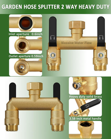 Hose Splitter 2 Way Heavy Duty, Full Flow Garden Hose Splitter with 2 Long Metal Handles, Brass Rust and Freeze Resistant Water Hose Bib Splitter, T Adapter Connector with 3/4 - Inch GHT Thread（Black）