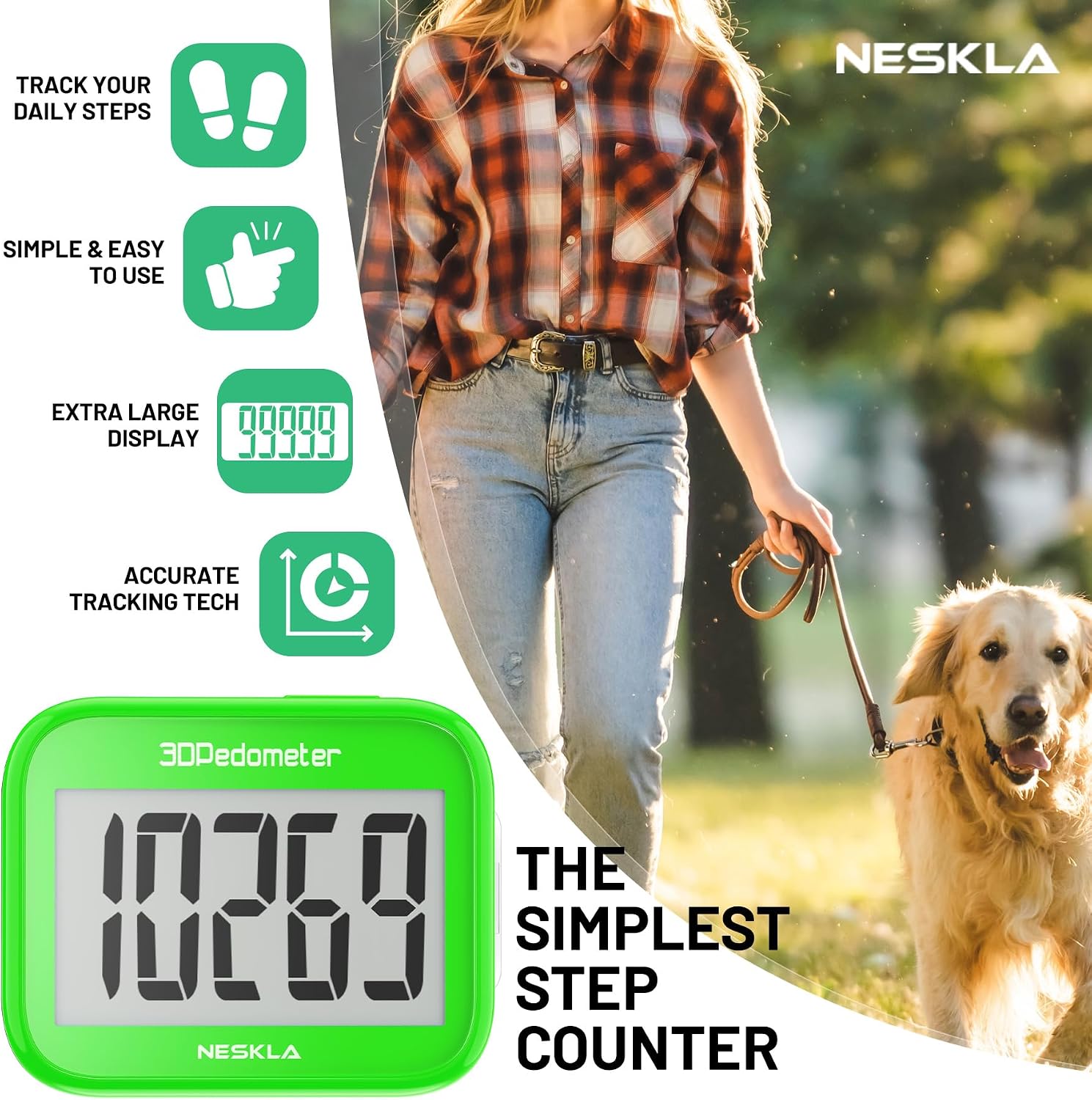 3D Pedometer, Simple Step Tracker with Large LCD Display for Walking
