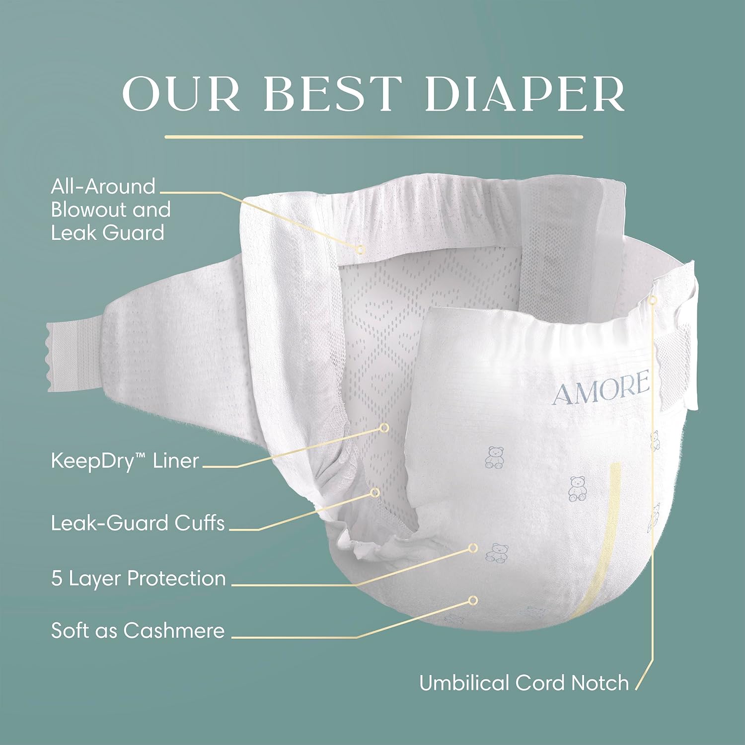 Pampers Amore, Size 5 (20-37 lbs), 132 Count, Our Best Diaper – Hypoallergenic & Fragrance Free, Up to 100% Leakproof, Soft as Cashmere