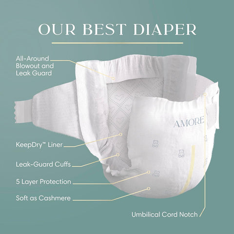 Pampers Amore, Size 5 (20-37 lbs), 132 Count, Our Best Diaper – Hypoallergenic & Fragrance Free, Up to 100% Leakproof, Soft as Cashmere