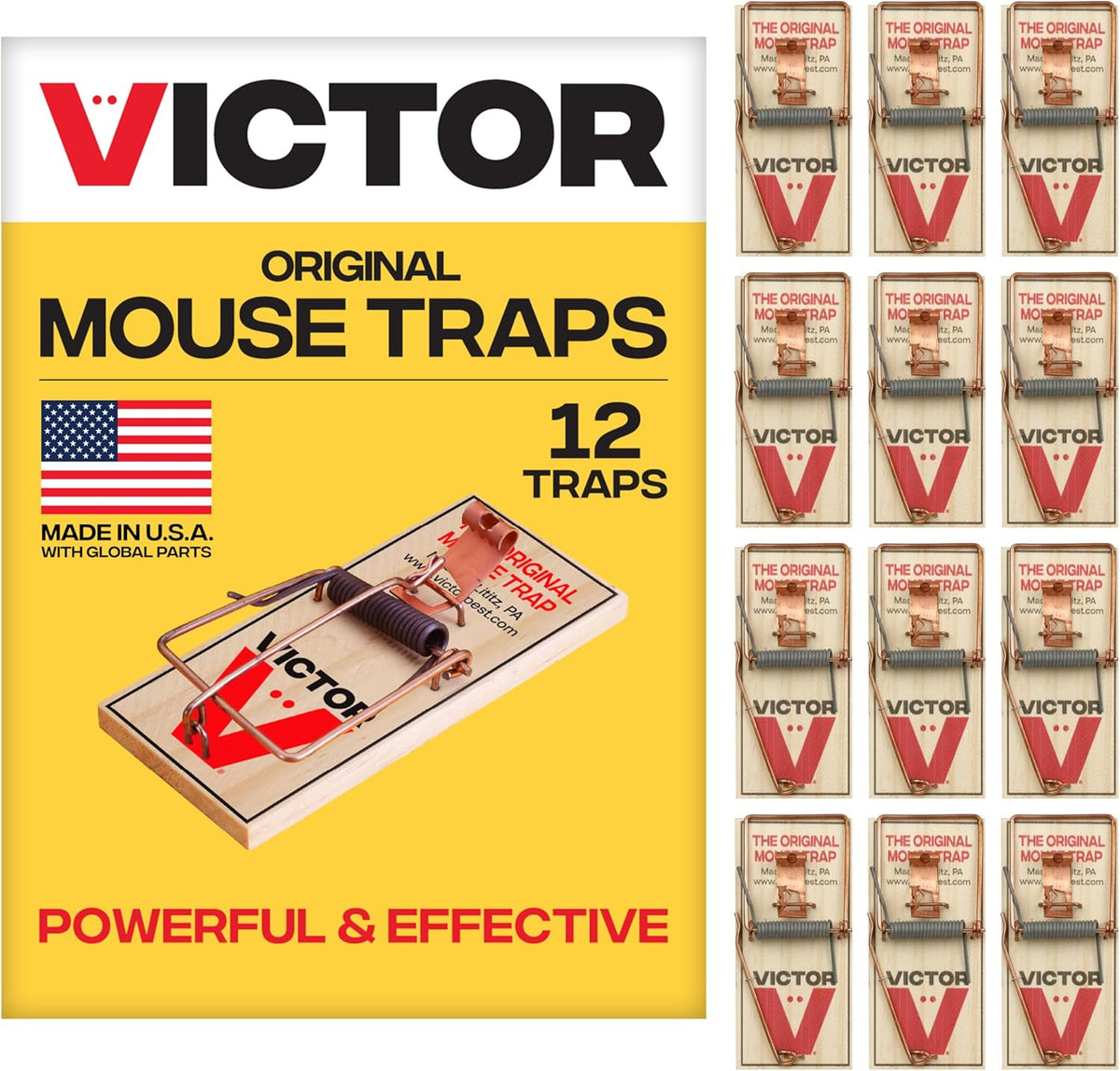 Victor Metal Pedal Mouse Traps, 12-Pack, Reusable Wooden Snap Traps