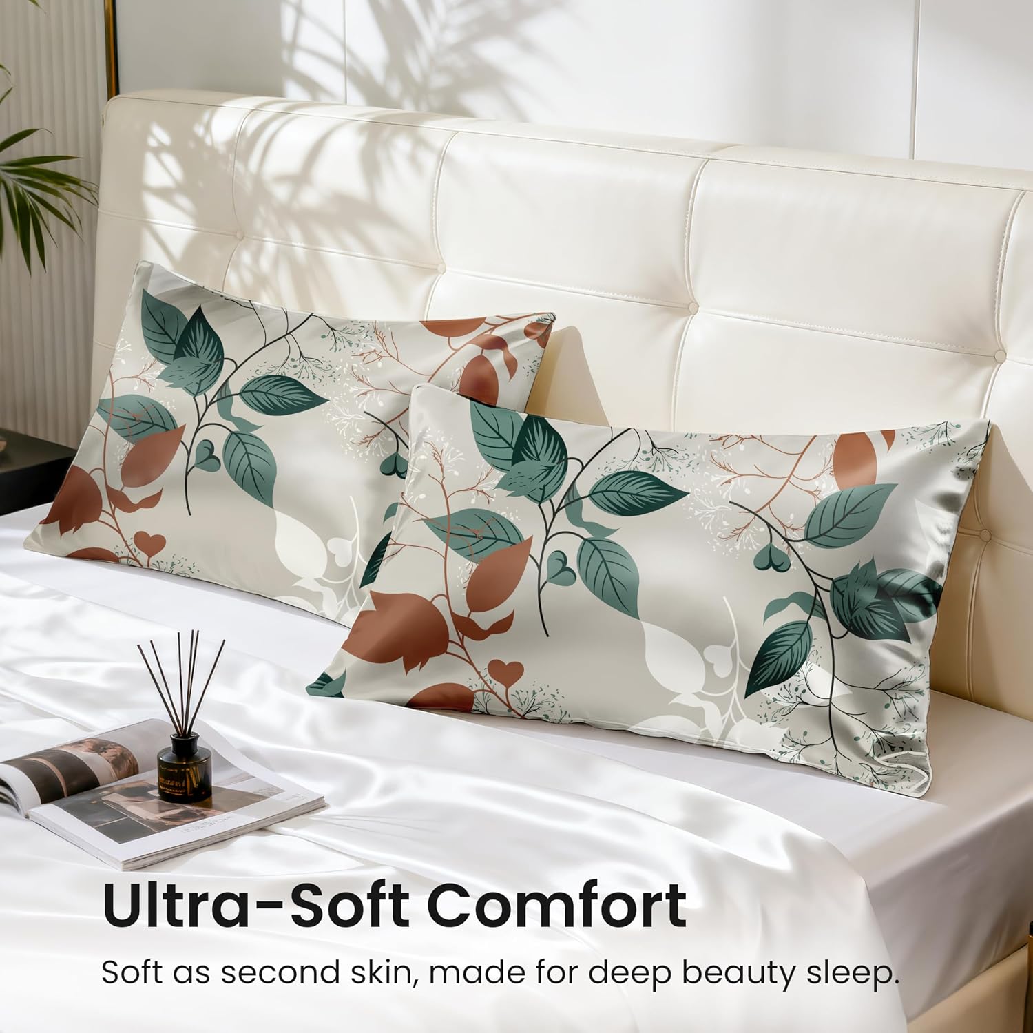 EXQ Home Satin Pillowcase for Hair and Skin King - Printed Green Leaves