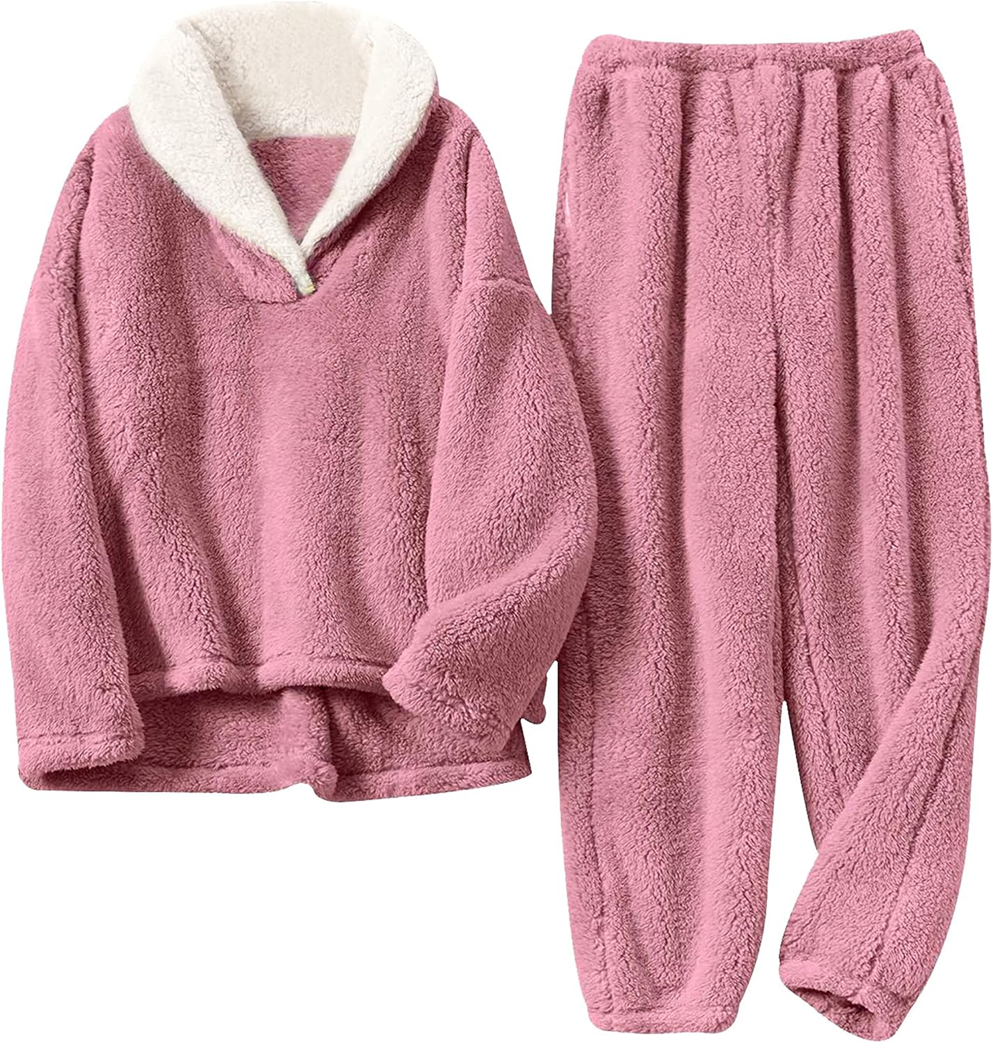 Hooever Women's Fluzzy Sherpa Fleece Pajamas Warm Pullover Lapel Sleepwear Sets