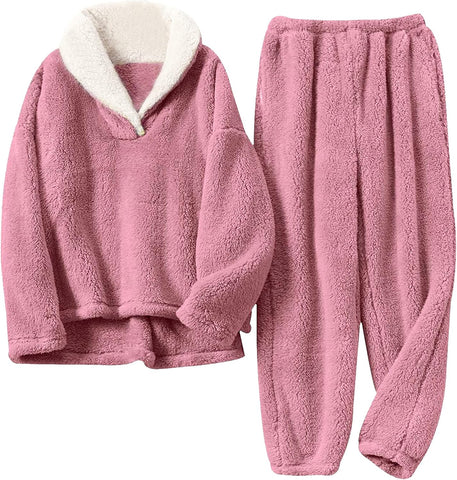 Hooever Women's Fluzzy Sherpa Fleece Pajamas Warm Pullover Lapel Sleepwear Sets