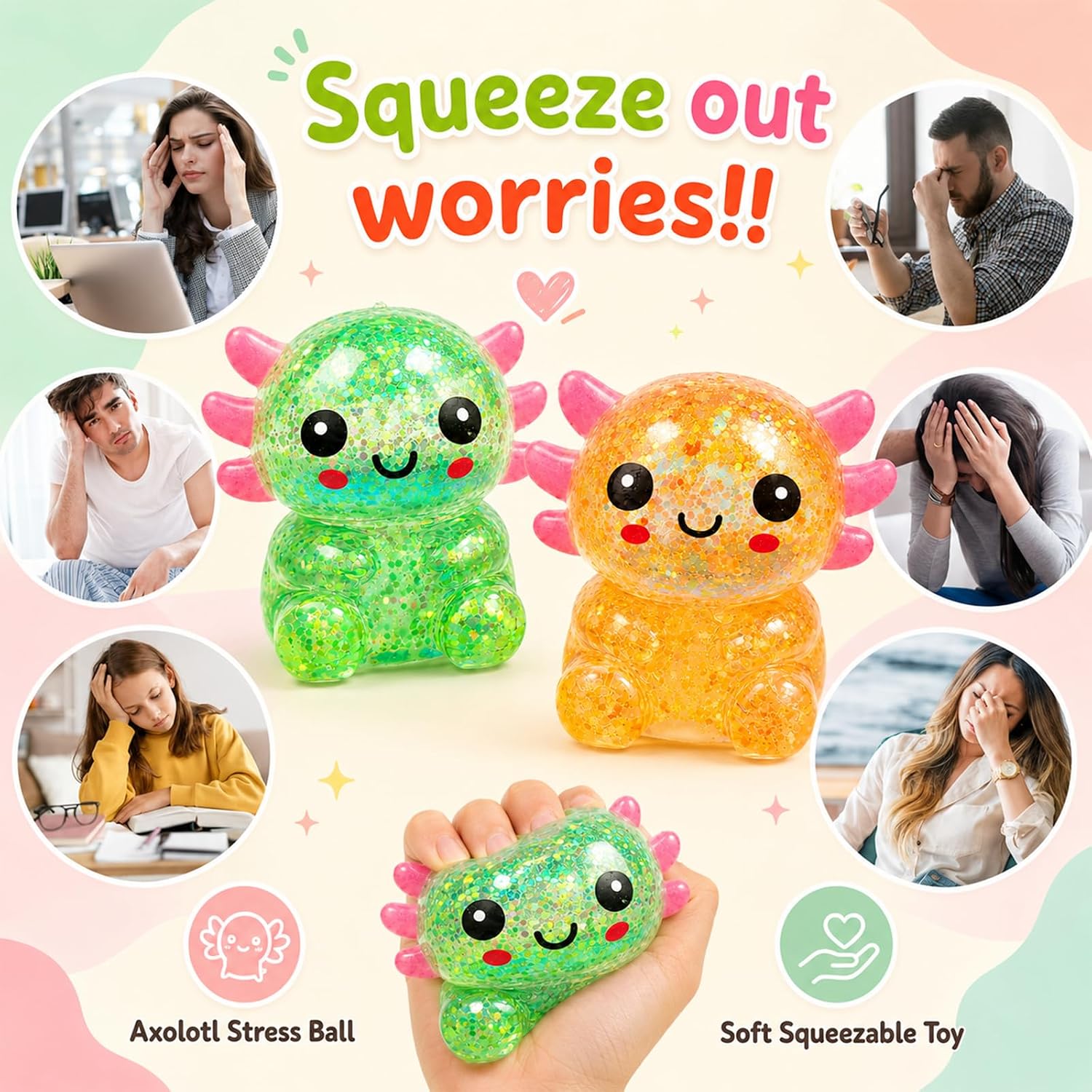 2 Packs Axolotl Squishy Toy, Glitter Fidget Toys Cute Axolotl Stress Relief Squeeze Toy Gifts for Kids Adult, Squishies Toys，orangegreen