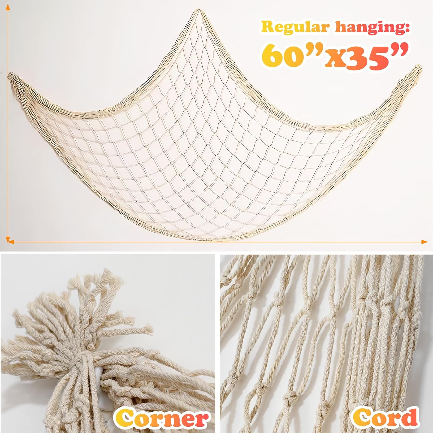 2 Pack Fish Net Decorations for Party, Natural Cotton Hawaiian Table Runner Party Fishing Net Decorative, Nautical Themed Decor Cotton Fishnet Under The Sea Pirate Ocean BeachHalloween Decor