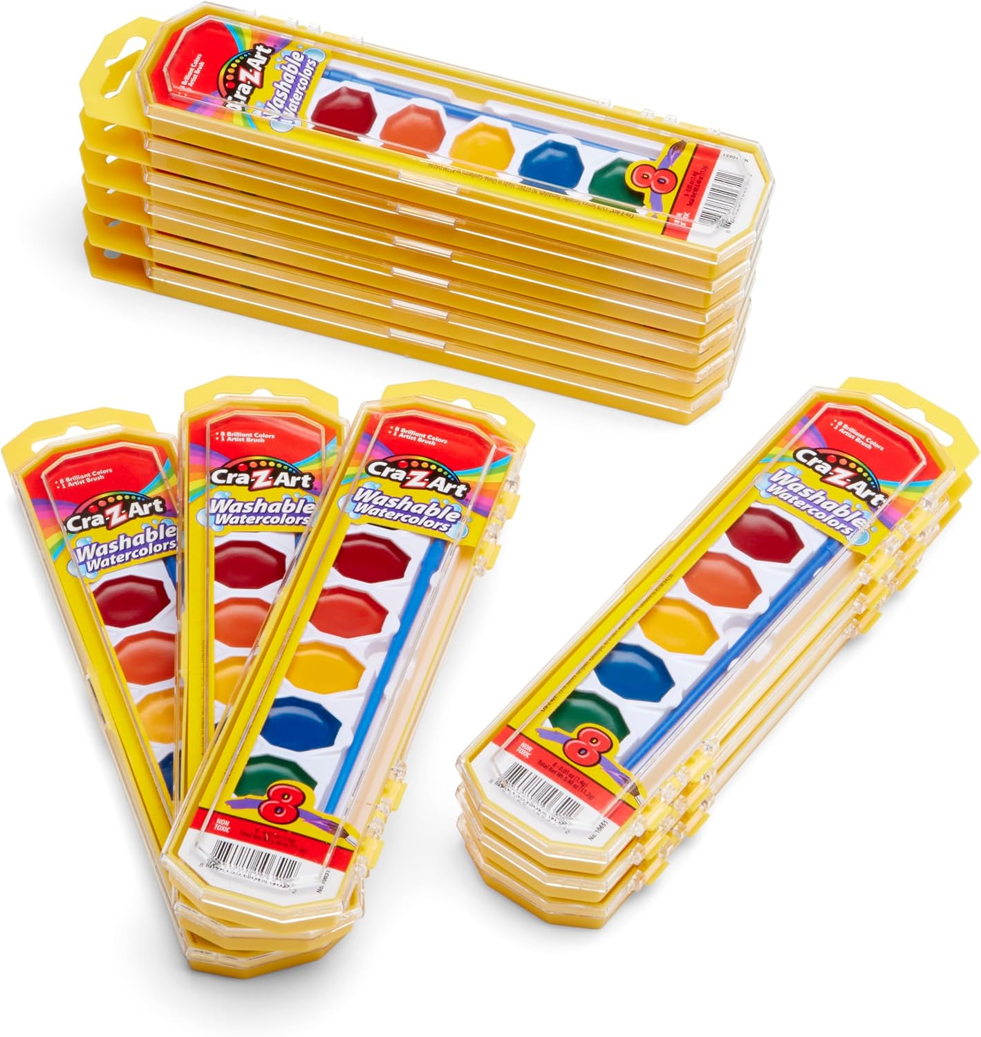 Cra-Z-Art Watercolor Paint Set with Brush Bulk Pack, 8 Colors (Pack of 12), 12 Total Paint Sets, Non-Toxic Washable Watercolors for Kids, Classroom Art Supplies & School
