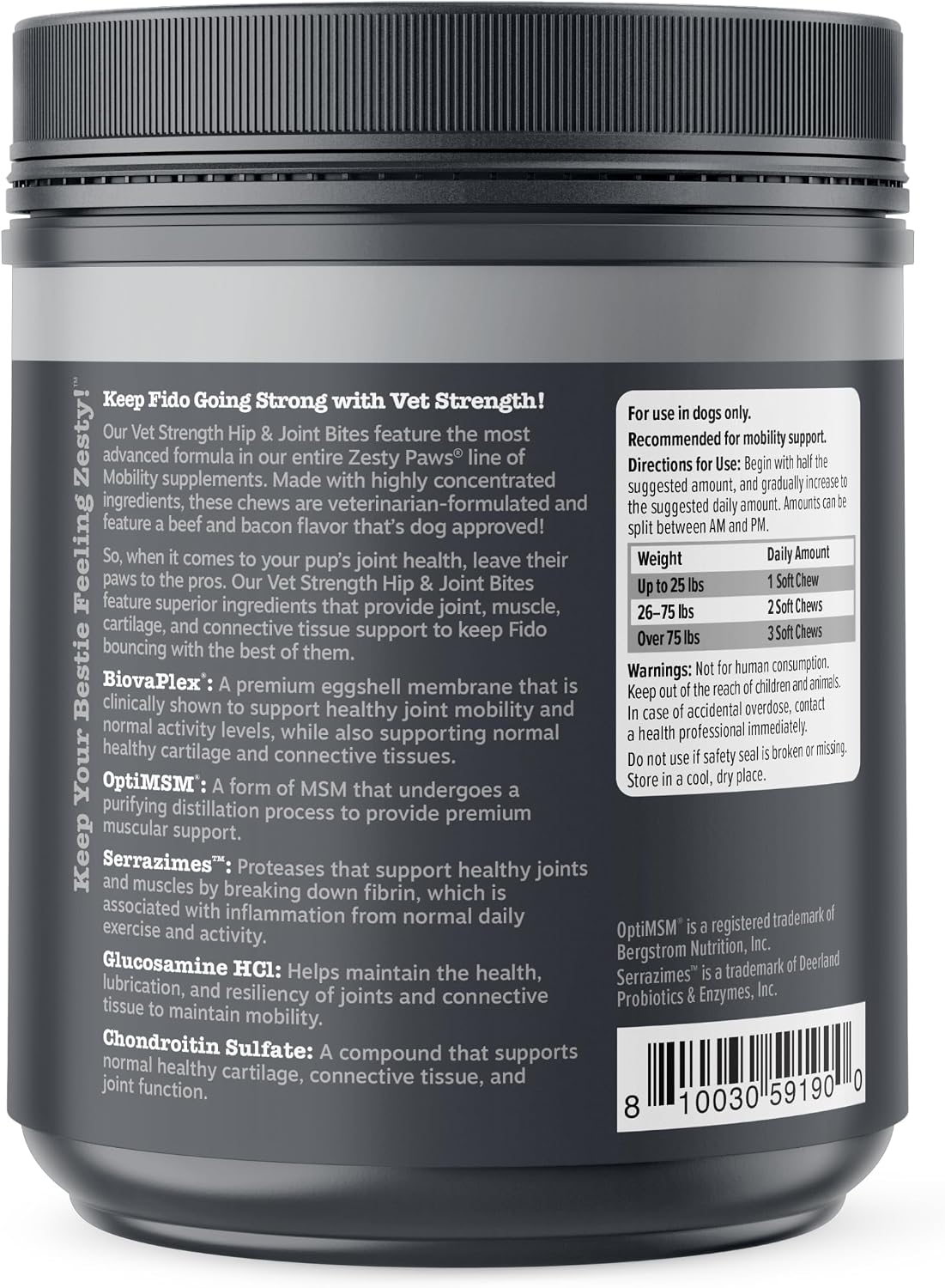 Zesty Paws Vet Strength Mobility Bites Beef & Bacon Flavor Hip & Joint Support Chews for Dogs with Glucosamine, Chondroitin, MSM, Hyaluronic Acid & Serrazimes - 90 Count