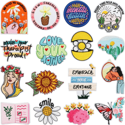 16pcs Positive Flower Iron/Sew on Patches, Affirmation Motivational Embroidered Applique, Mental Health Decoration for Clothes, Hat, Bag, Dress, Shirt, Jeans