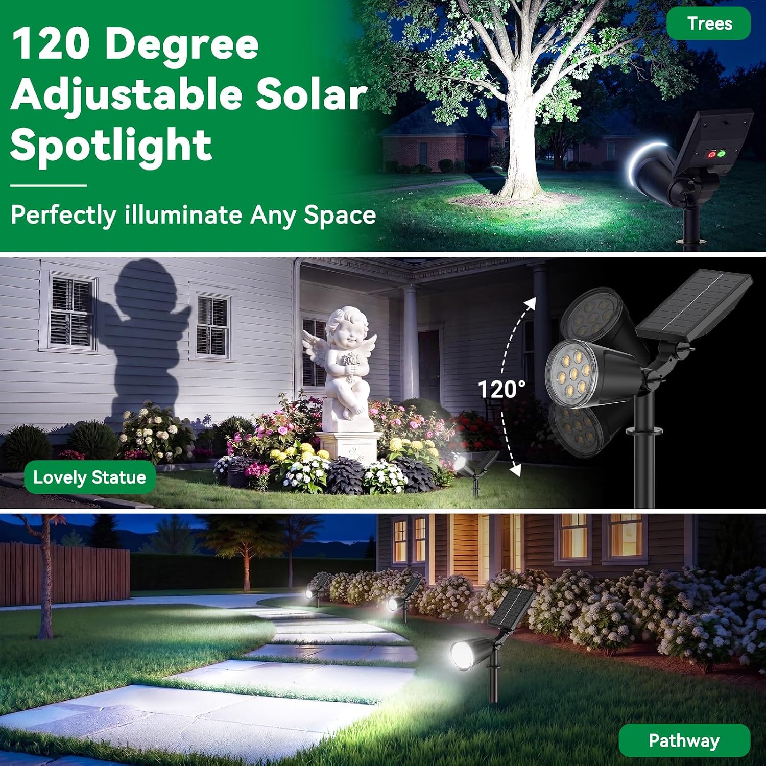 Solar Lights Outdoor Spot Light Waterproof: 1000LM Adjustable Cool White Spotlights - 2-in-1 15Hrs+ Bright Wall Spot Light - Solar Powered Landscape Spotlight for Garden, Yard, Tree, Flag