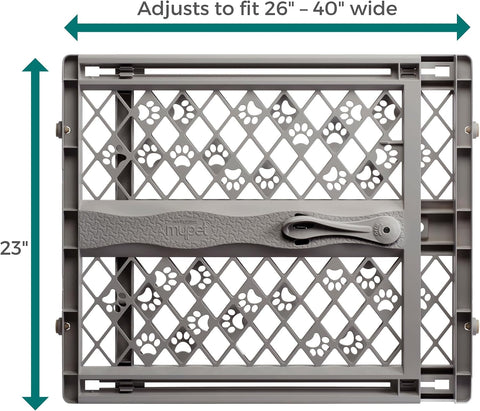 MYPET Paws Portable Pet Gate: 26-40" Wide Expandable, Pressure Mounted No Tools Needed, Durable Dog Gate for Doorways, Made in USA, 23" Tall, Fieldstone Gray