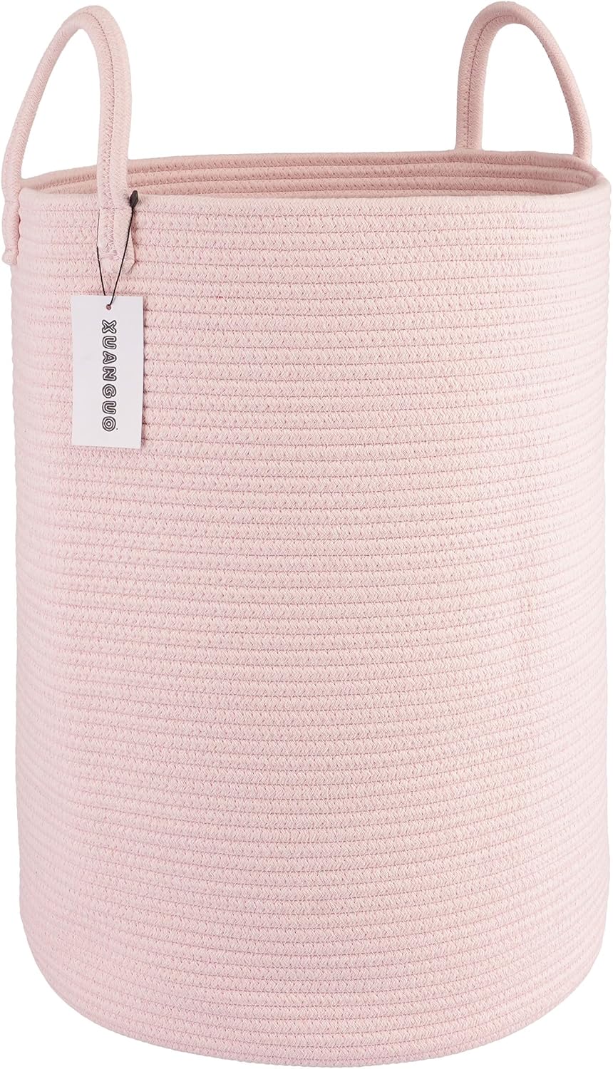 XUANGUO Cotton Rope Laundry Basket Hamper for Clothes Large Light Pink